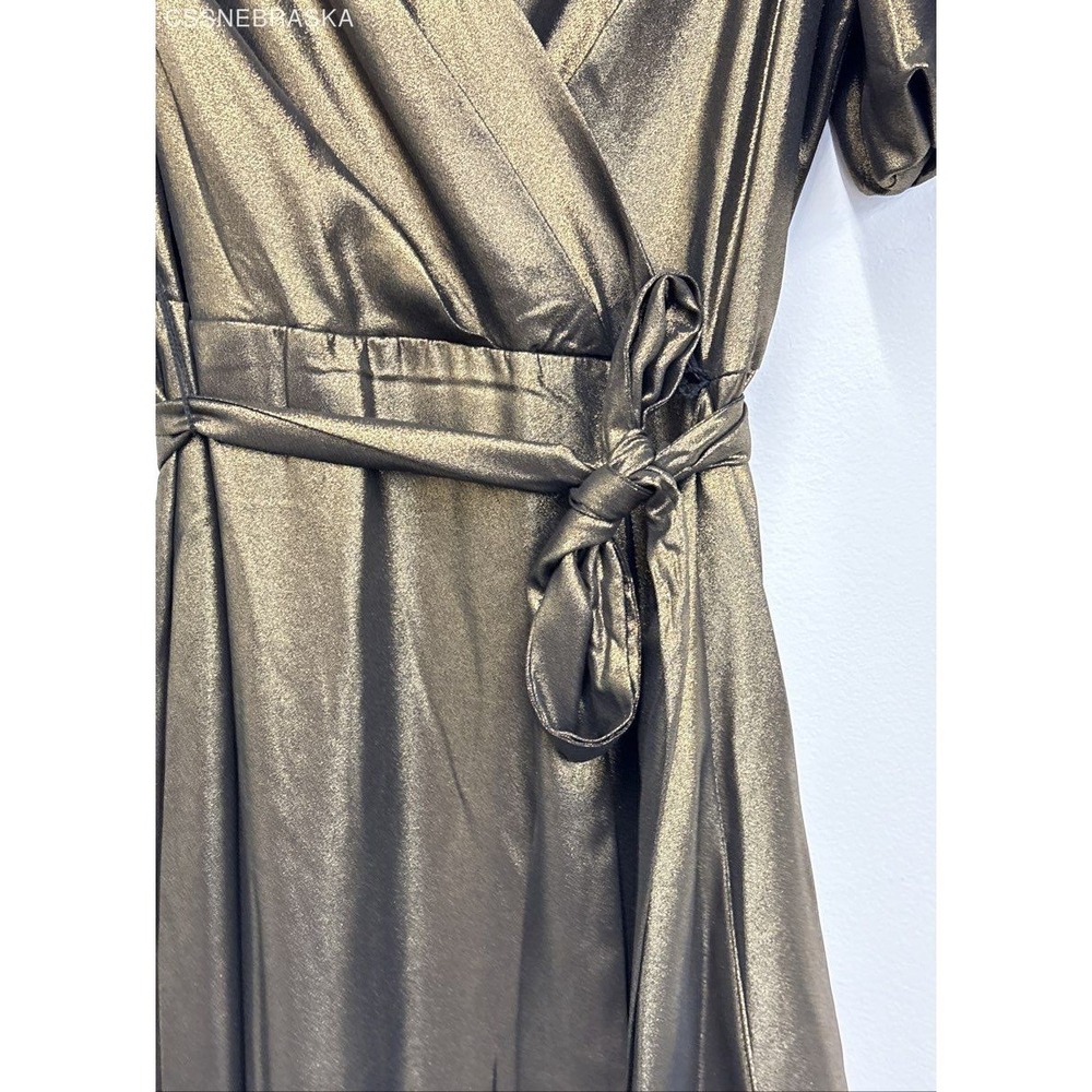 DKNY Gold/Brown NWT DKNY Women's Foil Chiffon Ruffle Skirt V-Neck Dress -Size 12 - Picture 4 of 9
